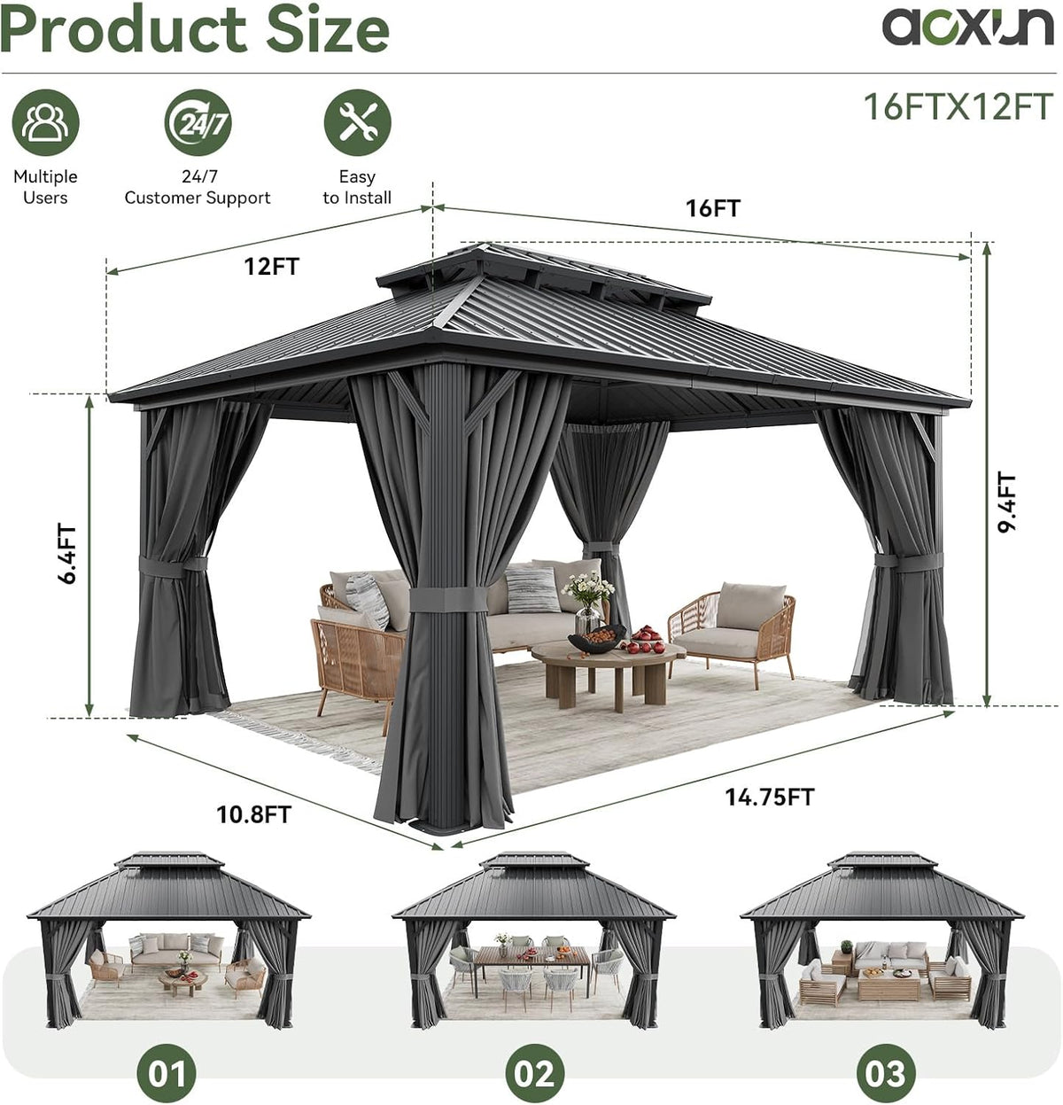 Aoxun 12' x 16' Hardtop Gazebo