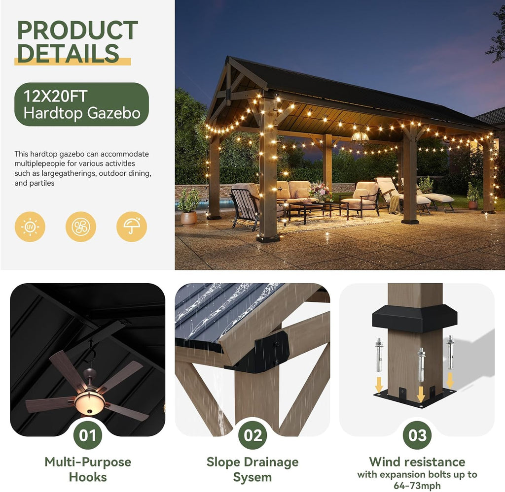 Aoxun 12' x 20' Wood Gazebo
